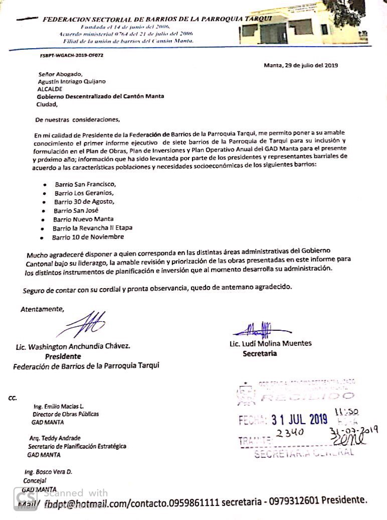 Oficio Alcalde Informe Plan de Obras Tarqui